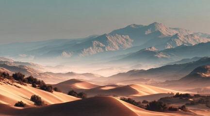 Naklejka premium Misty dawn over rolling sand dunes and distant mountains