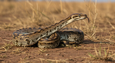 Fototapeta premium A python coiled on dry ground