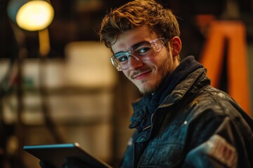 Portrait of a happy young industrial man with protective wear, using a tablet in a metal workshop at night, Generative AI
