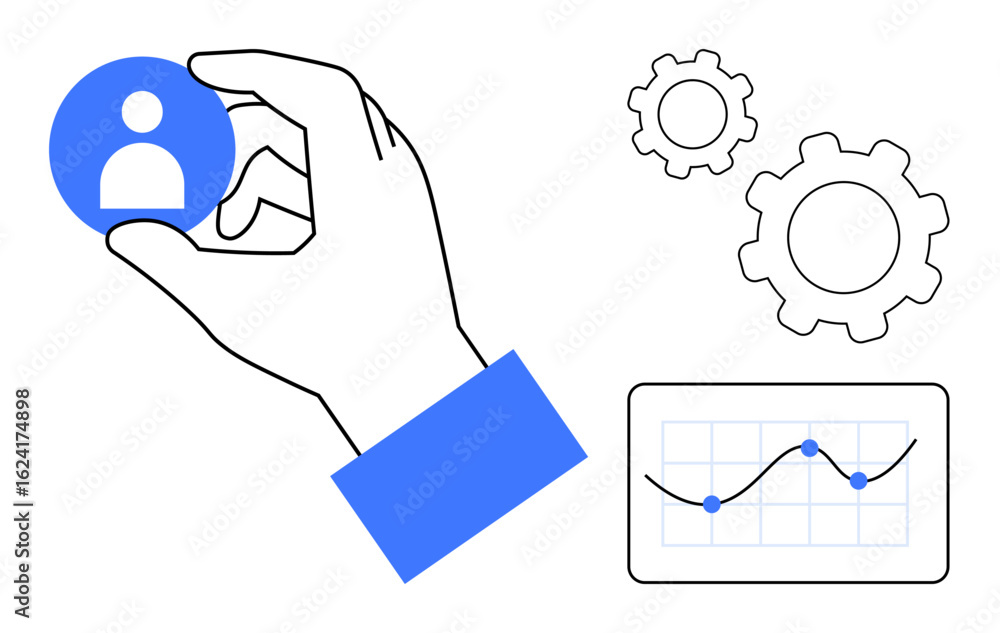 Poster hand holding user icon, gears symbolizing process, analytics graph for data tracking. ideal for team