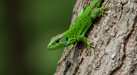 Fototapeta premium Close-up of a bright green lizard on a tree trunk