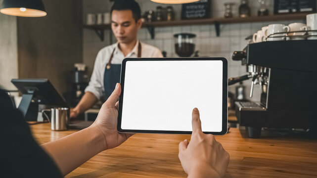 Order from cafe on tablet mockup, barista at work in background - Powered by Adobe