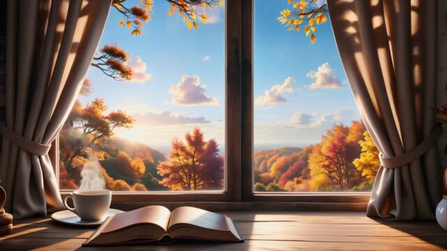Cozy autumn scene with open book cup of coffee and stunning window view