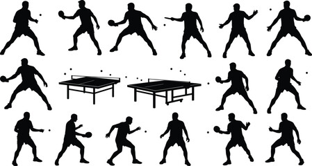 Silhouette of ping pong players, table tennis match icons, competitive game actions, isolated vector set, sports illustration, black graphic figures