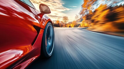Red sports car speeding through autumn landscape road