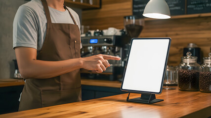 Barista uses tablet for online orders in cozy coffee shop setting