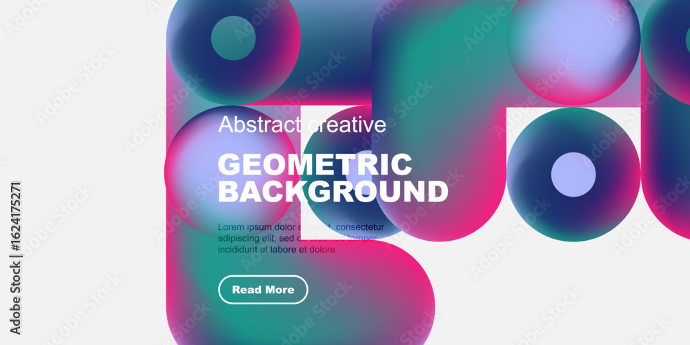 Poster vibrant geometric shapes overlap white space. text promotes abstract creative background with call t