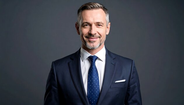 Portrait of a smiling middle-aged man in a dark suit and tie against a gray background