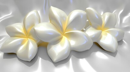 Fototapeta premium Three sculpted plumeria flowers on a draped fabric background. Possible use Floral design