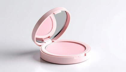 A minimalist open pink compact powder case with mirror, elegantly displayed on a clean white background, representing femininity and modern beauty essentials.