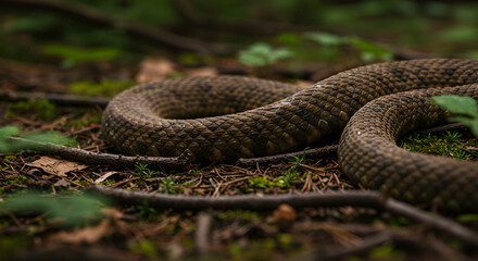 Close-up of a snake coiled in forest floor
