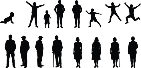 Silhouettes of human life stages, age progression, family generations, development, diverse poses, educational concept, people growth, black background