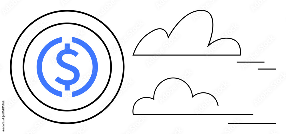 Aufkleber blue dollar coin in a circle with linear clouds and motion lines, representing rapid movement. ideal