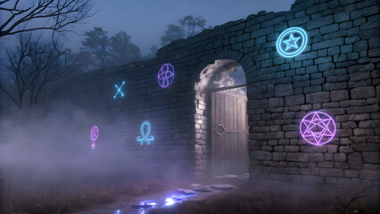 Ancient stone wall with glowing mystical symbols at night