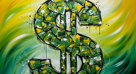 Dollar Sign Mosaic Painting in Green and Yellow Against a Vibrant Backdrop Financial Concept