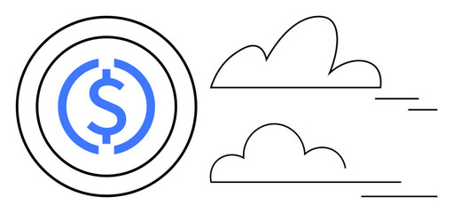 Blue dollar coin in a circle with linear clouds and motion lines, representing rapid movement. Ideal for finance, economy, growth, transactions, efficiency, digital money innovation. Minimal flat