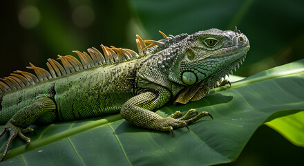 Fototapeta premium Close-up of iguana on large leaf