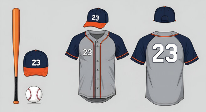 Baseball uniform design template showcasing jersey, cap, bat, and ball.