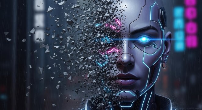 Cybernetic Deconstruction: A Cyborg's Face Shatters into Glowing Neon Shards