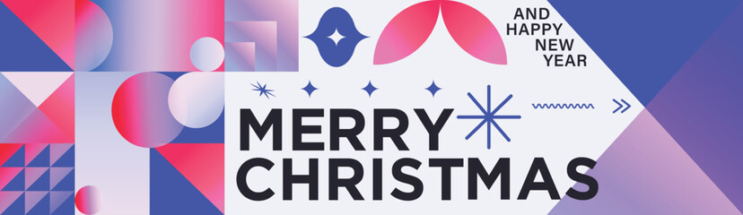 Merry Christmas Gradient Geometric Pattern Banner with Modern Typography and Colorful Festive Ornaments and Snowflakes Holiday Greeting Background Design