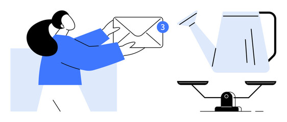 Woman managing incoming messages, represented by an envelope, next to a watering can on a scale. Ideal for productivity, balance, multitasking, communication, organization, priorities
