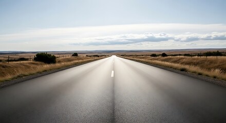 Fototapeta premium Endless Journey: A Straight Asphalt Road Cuts Through the Golden Prairie Landscape under a Vast Sky