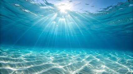 Underwater Scene with Clear Blue Water, Sun Rays, and Sandy Seafloor