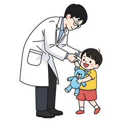Kind male doctor gives a checkup to a happy child with his blue teddy bear.