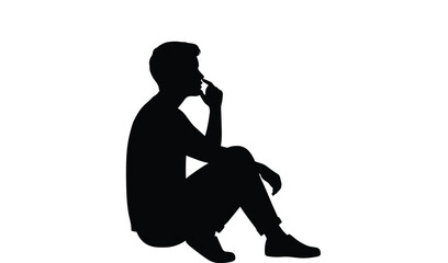 Silhouette of thoughtful person sitting alone, deep contemplation, introspective mood, isolated figure, peaceful pose, meditation concept, white background, stock photo