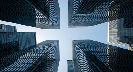 Fototapeta premium Dramatic Low Angle View of Modern Skyscrapers with Blue Glass Facades and Geometric Patterns Against a Light Sky in an