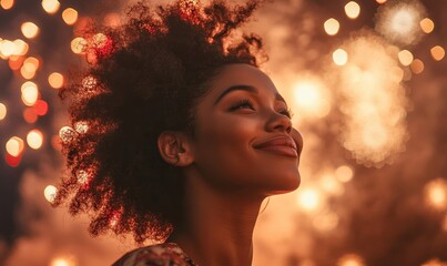 Side profile inclusive portrait of a happy successful Black businesswoman watching a firework display on the 4th of July celebrating Independence Day, New Year's Eve, party celebrations, Generative AI