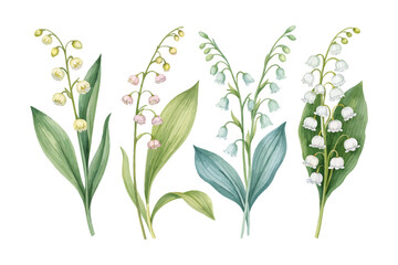 Obraz premium set of watercolor Lily Of The Valley Branch vector illustration isolated on white background