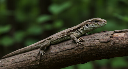 Lizard on a branch in a forest