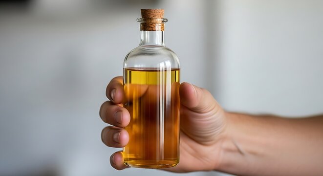 Hand holding a vintage glass bottle filled with homemade golden elixir substance
