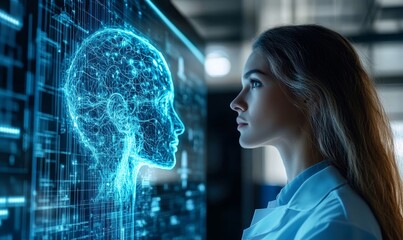 Female medical pharmaceutical scientist analyzing artificial intelligence in medicine lab for drug development. AI research lab. Innovation in healthcare and biotechnology, Generative AI