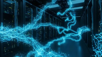 Electric blue data streams in a server room - Powered by Adobe