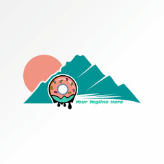 Obraz premium Logo design graphic concept creative premium vector stock image sell mountain hill sunrise with doughnut donut bread to adventure homemade bakery cake