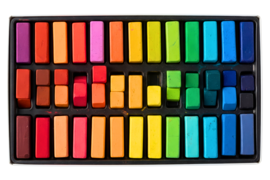 Box of colorful soft pastel chalks for drawing and art isolated on a transparent background