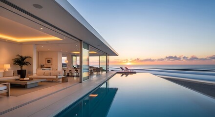 Modern oceanfront villa with infinity pool at sunrise offering luxurious coastal living