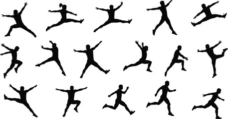 Silhouettes of athletes running and jumping, dynamic motion poses for fitness, sports, exercise, action-themed creative design projects, vector illustration