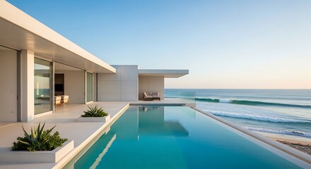 Fototapeta premium Modern oceanfront villa with infinity pool offering a serene coastal experience