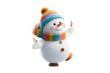 Snowman Leaning Playfully with Twig Arms Up, Side Angle, Childlike Expression, Isolated on Transparent Background