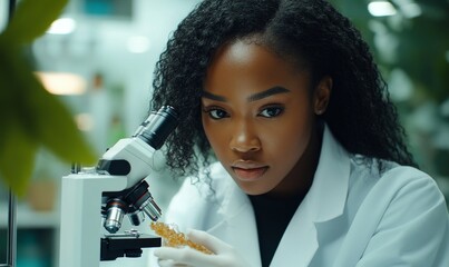 Inclusive portrait of a Black female scientist looking under a microscope analyzing medical test samples. Ambitious young biotechnology student specialist using advanced lab equipment, Generative AI