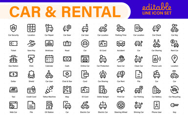 Car and rental icons in modern thin line style. Covers vehicle hire, transport services, road trips, navigation, fuel, maintenance, and car-related logistics.