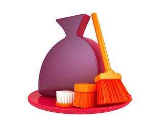 Stylized Cleaning Tools Set With Purple Garbage Bag Orange Broom and Brushes Against Transparent Background