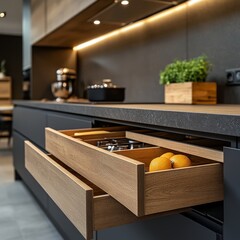 Close-up of kitchen cabinets with drawers. Minimalist modern interior design for a kitchen, Generative AI