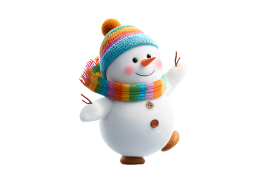 Snowman Leaning Playfully with Twig Arms Up, Side Angle, Childlike Expression, Isolated on Transparent Background