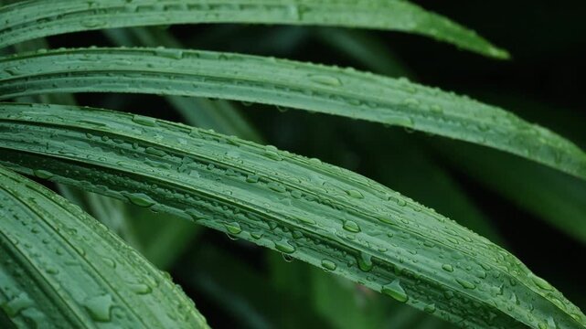 Close up of multiple fresh water droplets on long green leaf surface.