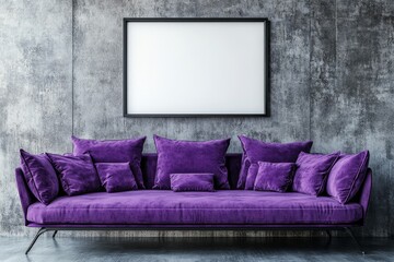 Violet sofa placed against a concrete wall with a blank mock-up poster frame, providing space for copy text. Minimalist home interior design for a modern living room, Generative AI