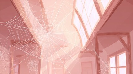 Interior Cobweb Mystery: An ethereal, sunlit interior filled with intricate cobwebs, creating a sense of mystery and a glimpse of unseen stories, where light and shadow dance together